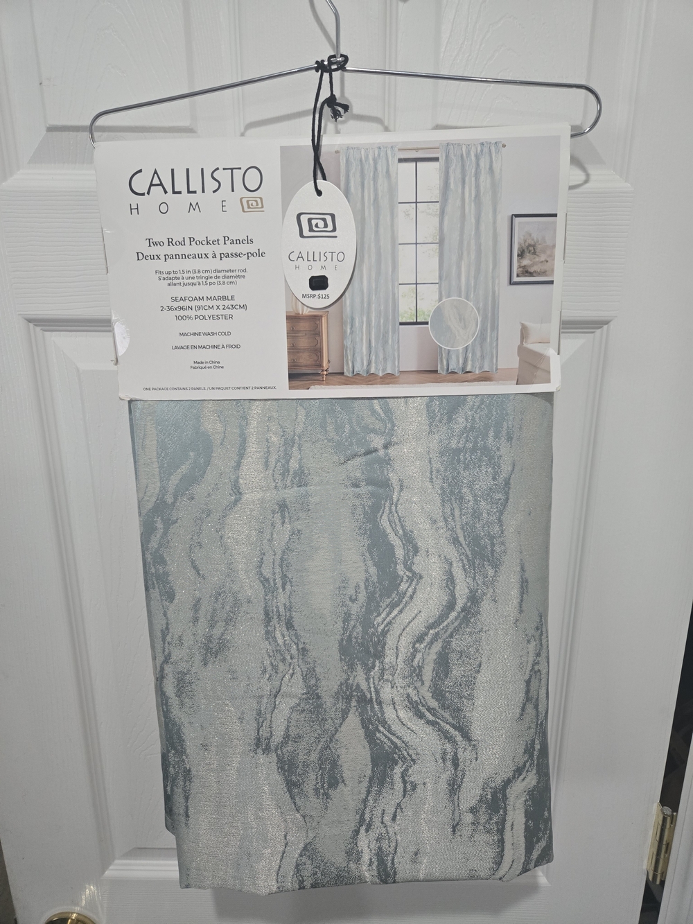 Callisto Home Marble Rod Pocket Curtain Panels in Seafoam  96" Length, 2 Pair